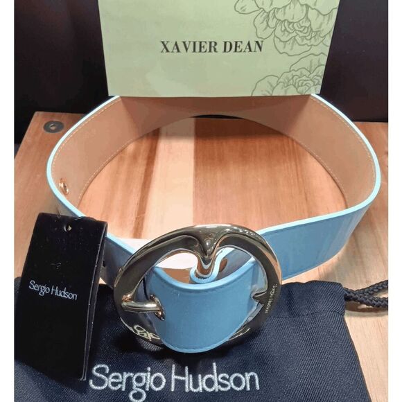 Sergio Hudson Signature Leather Belt - Sky/Blue Size 28
